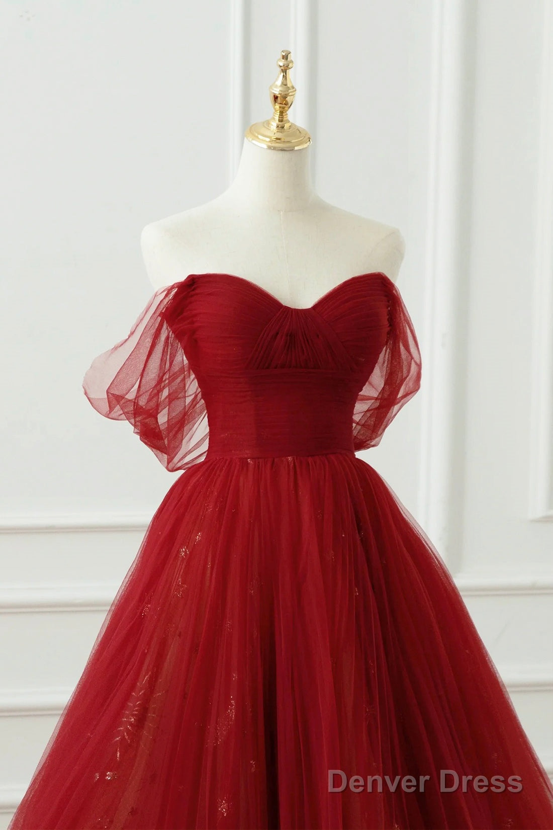 Burgundy Tulle Floor Length A-Line Prom Dress, Off The Shoulder Prom Dresses
