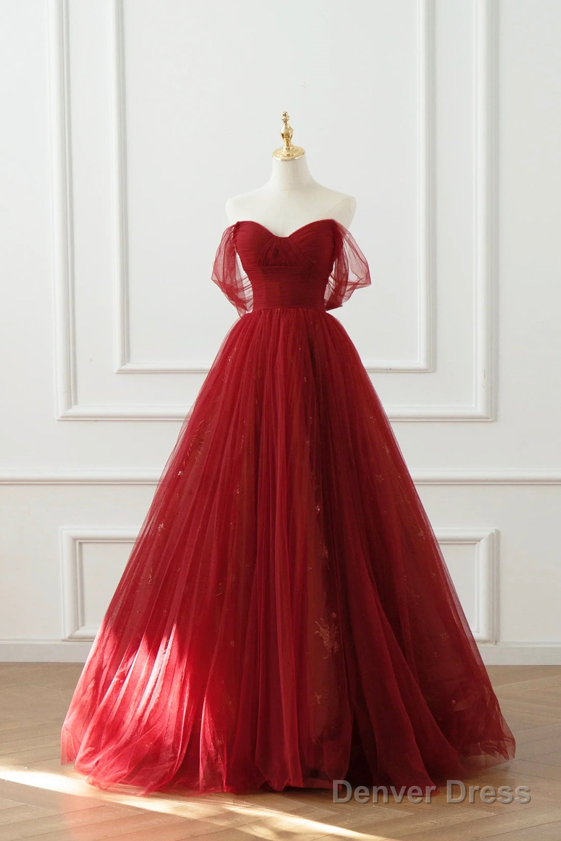 Burgundy Tulle Floor Length A-Line Prom Dress, Off The Shoulder Prom Dresses Main image