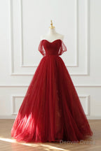 Burgundy Tulle Floor Length A-Line Prom Dress, Off The Shoulder Prom Dresses