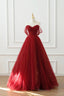 Burgundy Tulle Floor Length A-Line Prom Dress, Off The Shoulder Prom Dresses