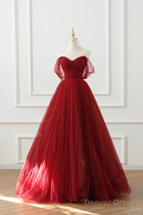 Burgundy Tulle Floor Length A-Line Formal Dress, Off The Shoulder Evening Party Dress