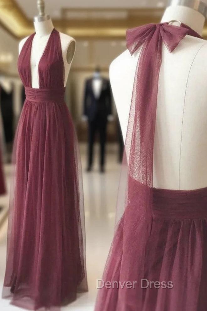 Burgundy Tulle Halter Deep V-neck Backless Prom Dresses Main image