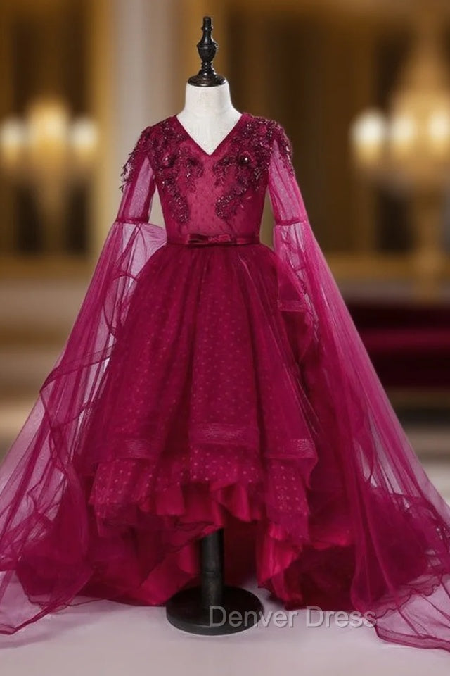 Burgundy Tulle Appliques V Neck Short Sleeve Girl Dresses