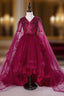 Burgundy Tulle Appliques V Neck Short Sleeve Girl Dresses