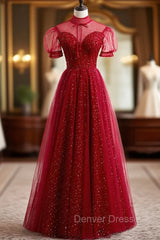 Burgundy Tulle High Neck Short Sleeve Beading Sequins Prom Dresses