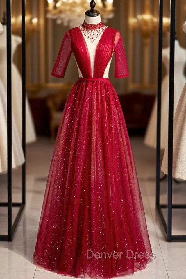 Burgundy Tulle High Neck Short Sleeve Pleats Beading Prom Dresses