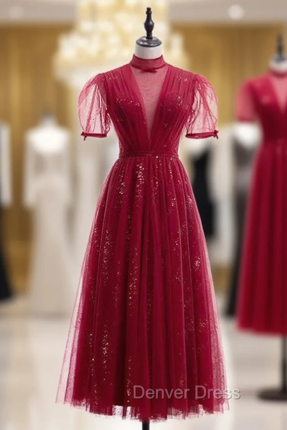 Burgundy Tulle High Neck Short Sleeve Prom Dresses