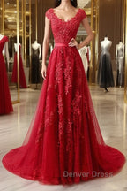 Burgundy tulle lace applique long prom Dress, burgundy Prom Dresses