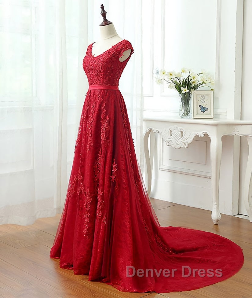 Burgundy tulle lace applique long prom Dress, burgundy Prom Dresses