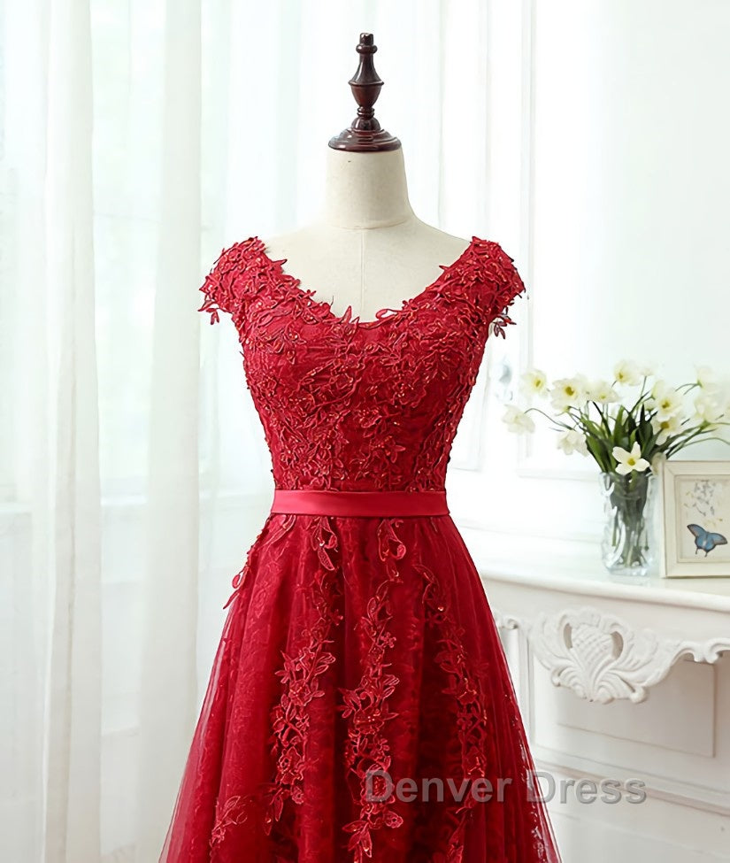 Burgundy tulle lace applique long prom Dress, burgundy Prom Dresses