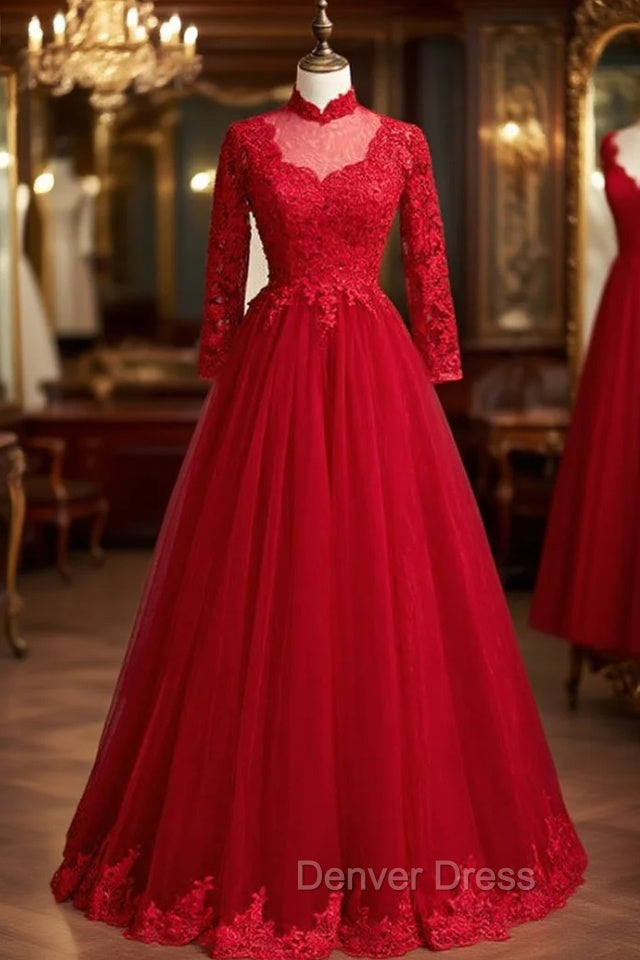 Burgundy Tulle Lace High Neck Long Sleeve Backless Prom Dresses