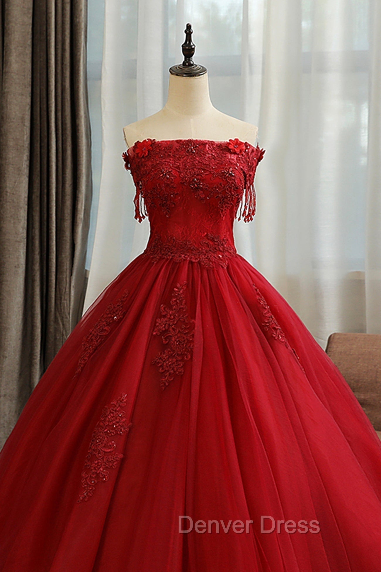 Burgundy Tulle Lace Long Prom Dresses, Burgundy A-Line Evening Gown