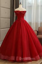 Burgundy Tulle Lace Long Prom Dresses, Burgundy A-Line Evening Gown