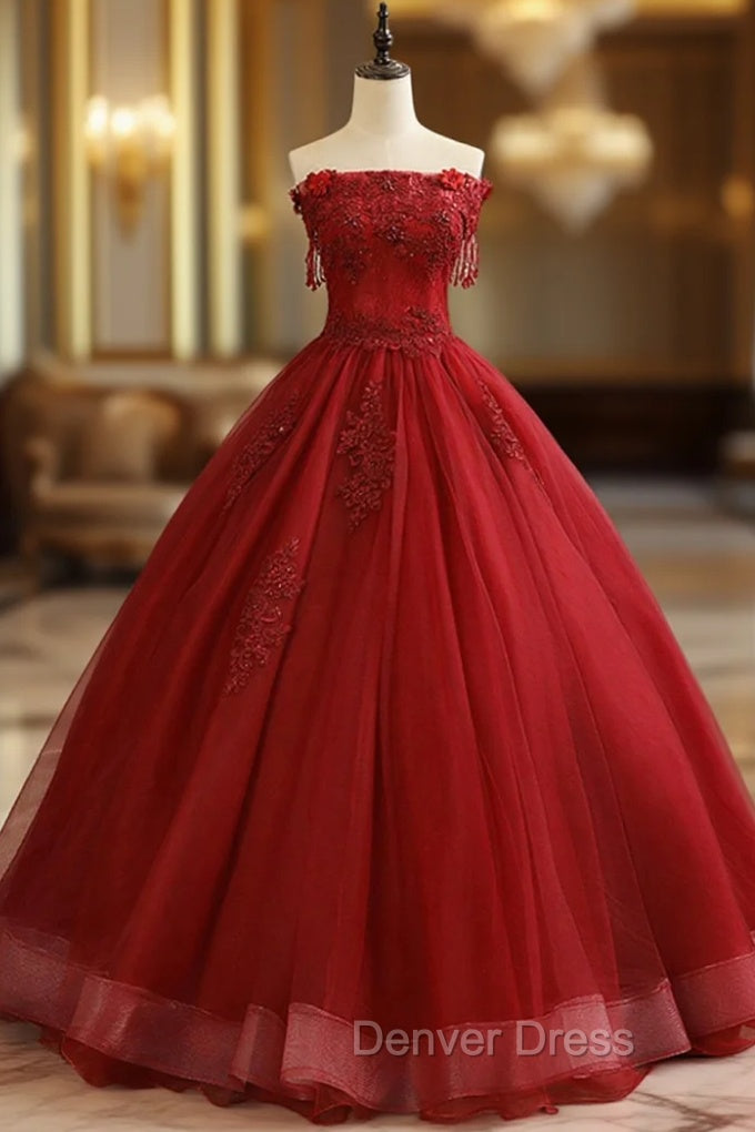Burgundy Tulle Lace Long Prom Dresses, Burgundy A-Line Evening Gown Main image