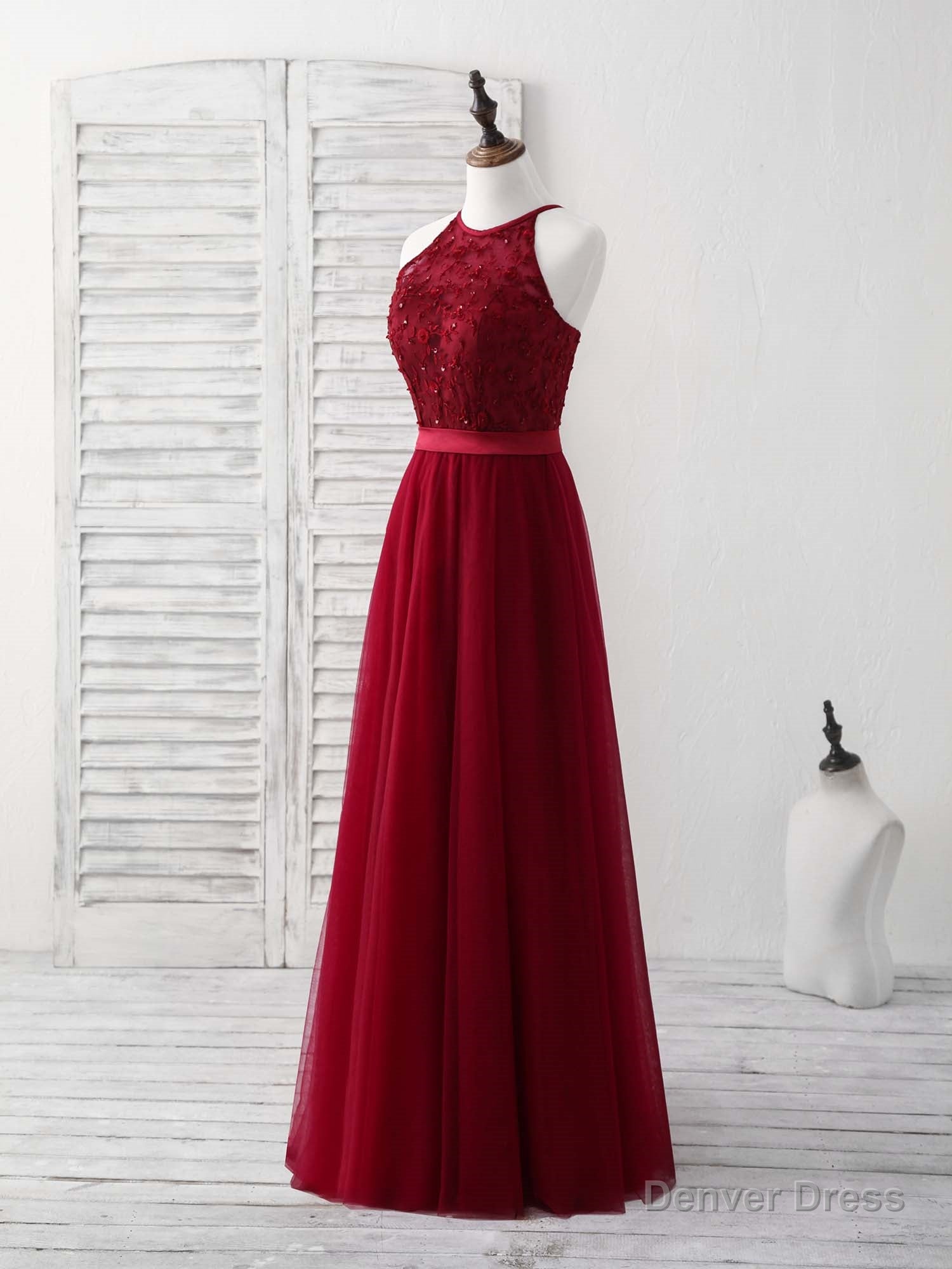 Burgundy Tulle Lace Long Prom Dress, Burgundy Bridesmaid Dresses Secondary image
