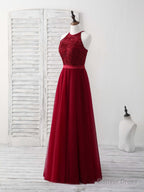 Burgundy Tulle Lace Long Prom Dress, Burgundy Bridesmaid Dresses