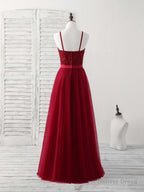 Burgundy Tulle Lace Long Prom Dress, Burgundy Bridesmaid Dresses