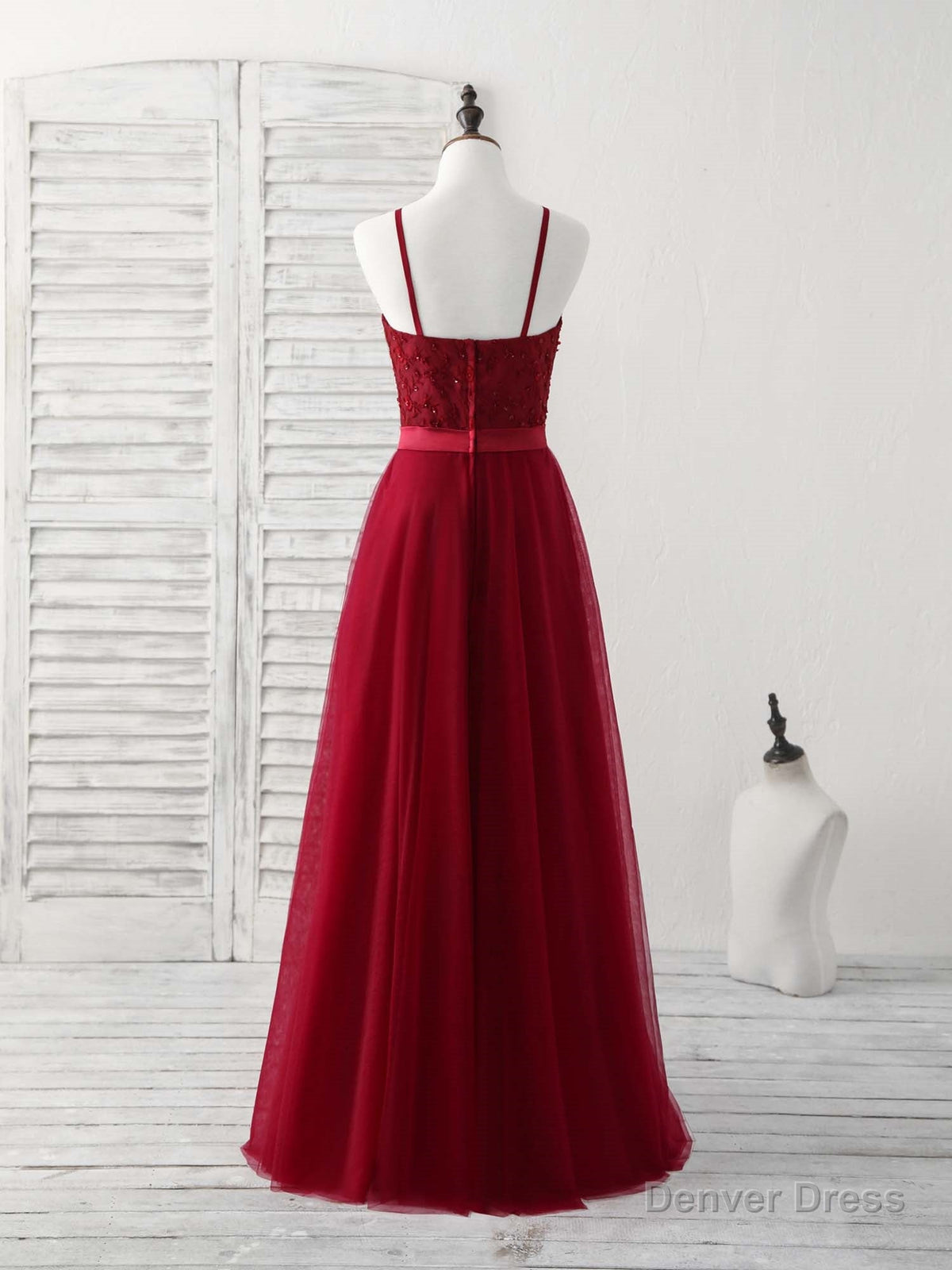 Burgundy Tulle Lace Long Prom Dress, Burgundy Bridesmaid Dresses