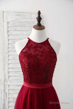 Burgundy Tulle Lace Long Prom Dress, Burgundy Bridesmaid Dresses