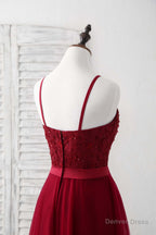 Burgundy Tulle Lace Long Prom Dress, Burgundy Bridesmaid Dresses