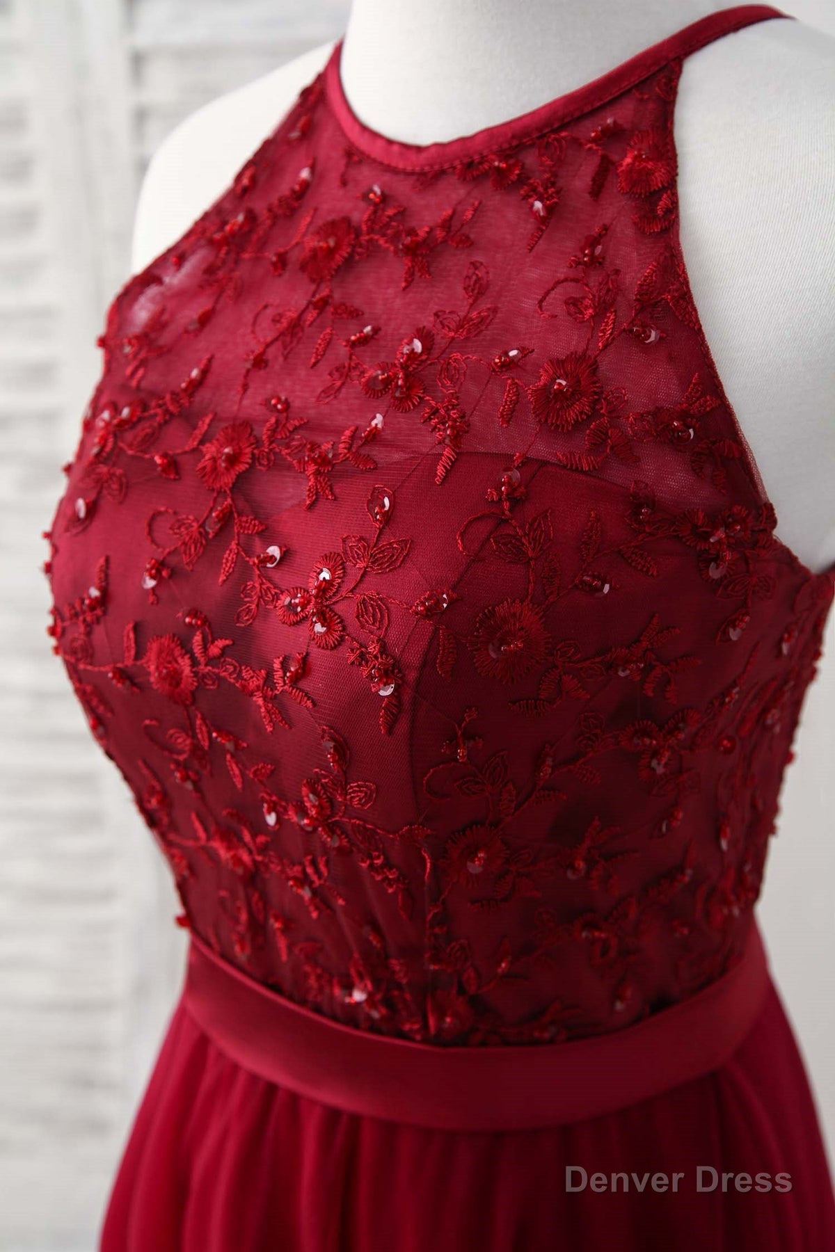 Burgundy Tulle Lace Long Prom Dress, Burgundy Bridesmaid Dresses