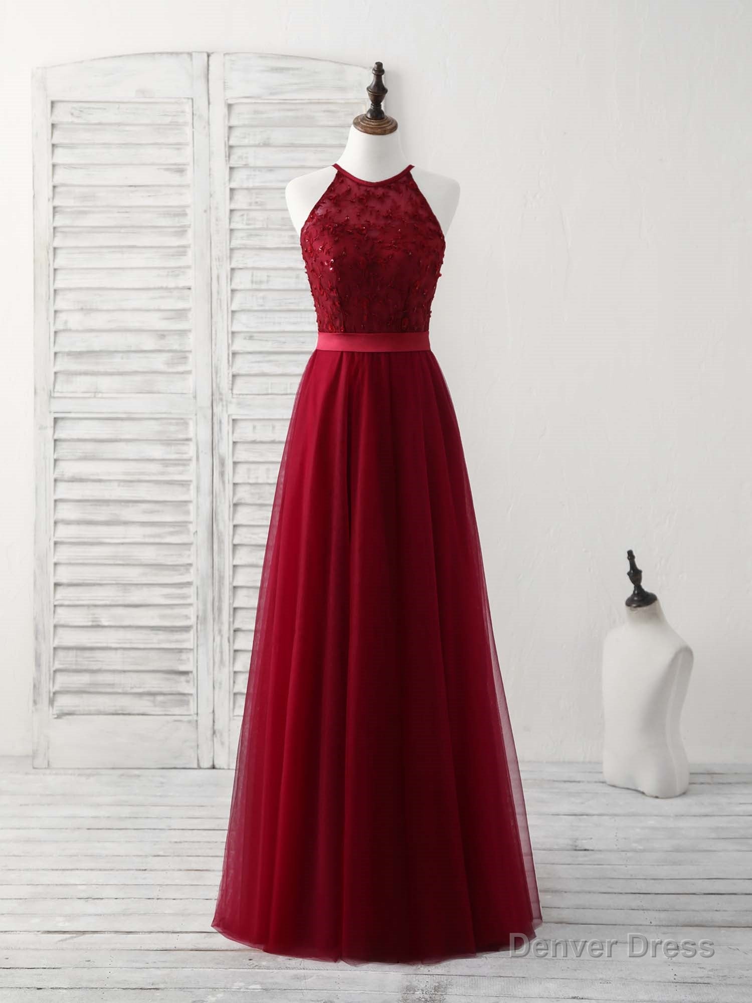 Burgundy Tulle Lace Long Prom Dress, Burgundy Bridesmaid Dresses Main image