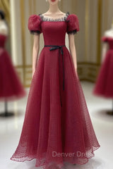 Burgundy Tulle Lace Long Prom Dresses, Burgundy Evening Dresses