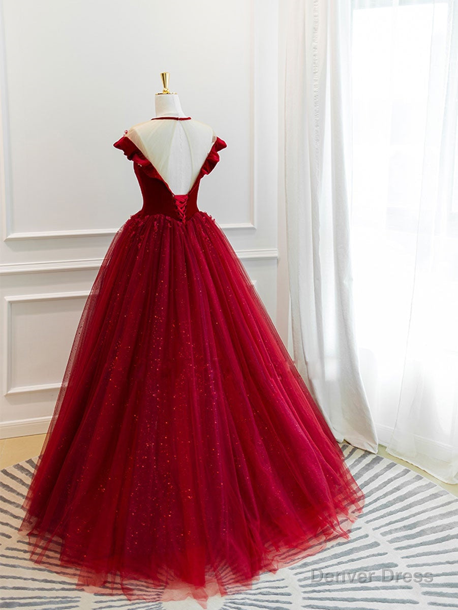 Burgundy tulle lace long prom dress, burgundy tulle evening dress Main image
