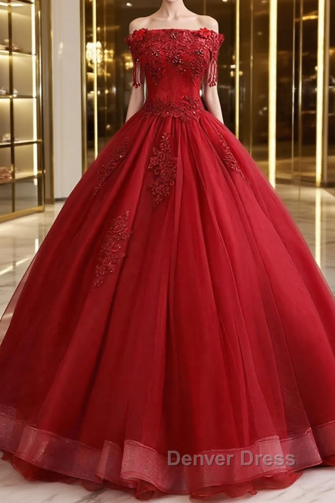 Burgundy tulle lace long prom Dress burgundy tulle Prom Dresses Main image