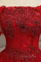 Burgundy tulle lace long prom Dress burgundy tulle Prom Dresses