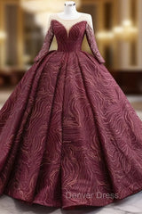Burgundy Tulle Lace Long Sleeve Prom Dresses