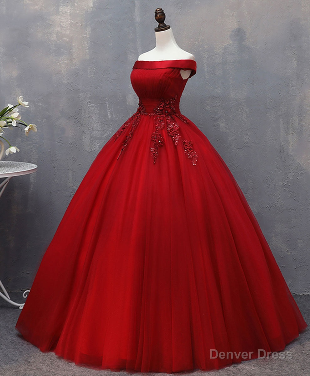 Burgundy Tulle Lace Off Shoulder Long Prom Gown Burgundy Evening Dress Main image