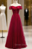 Burgundy Tulle Lace Off the Shoulder Prom Dresses With Button
