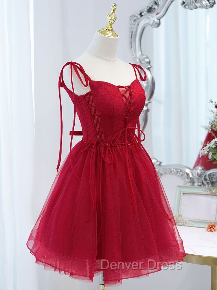 Burgundy Tulle Lace Short Prom Dresses, Burgundy Homecoming Dresses