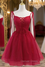Burgundy Tulle Lace Short Prom Dresses, Burgundy Homecoming Dresses