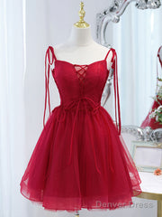 Burgundy Tulle Lace Short Prom Dress, Burgundy Homecoming Dress