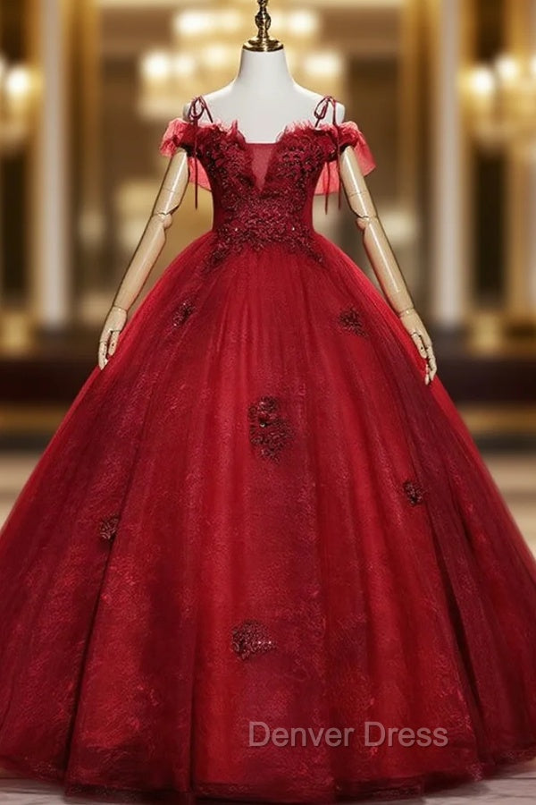 Burgundy Tulle Lace Spaghetti Straps Appliques Quinceanera Dresses