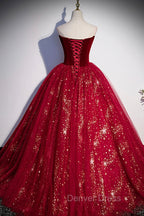 Burgundy Tulle Long A-Line Ball Gown, Off the Shoulder Evening Party Dresses
