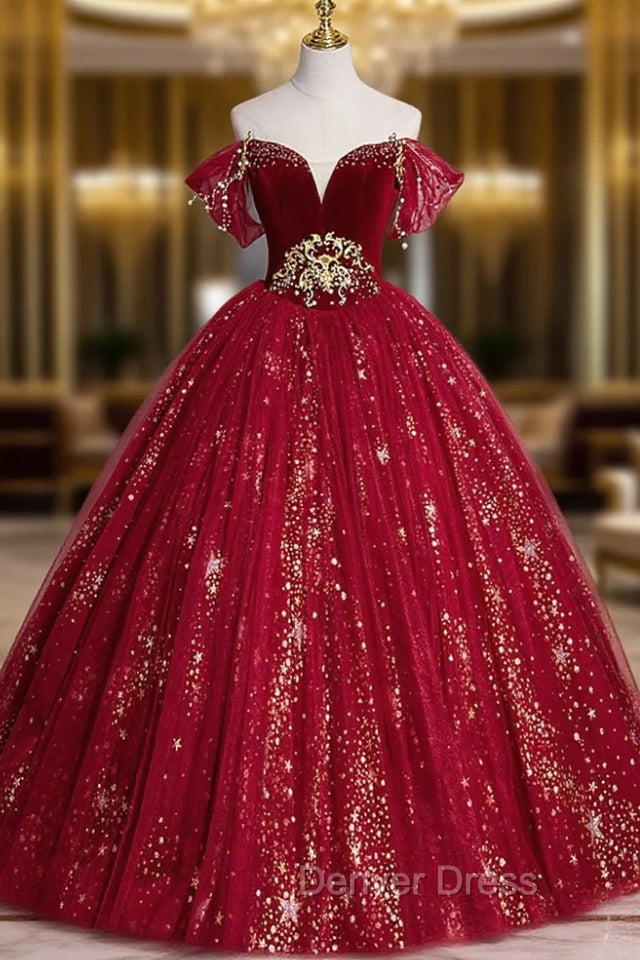 Burgundy Tulle Long A Line Ball Gowns, Off the Shoulder Prom Dresses Main image