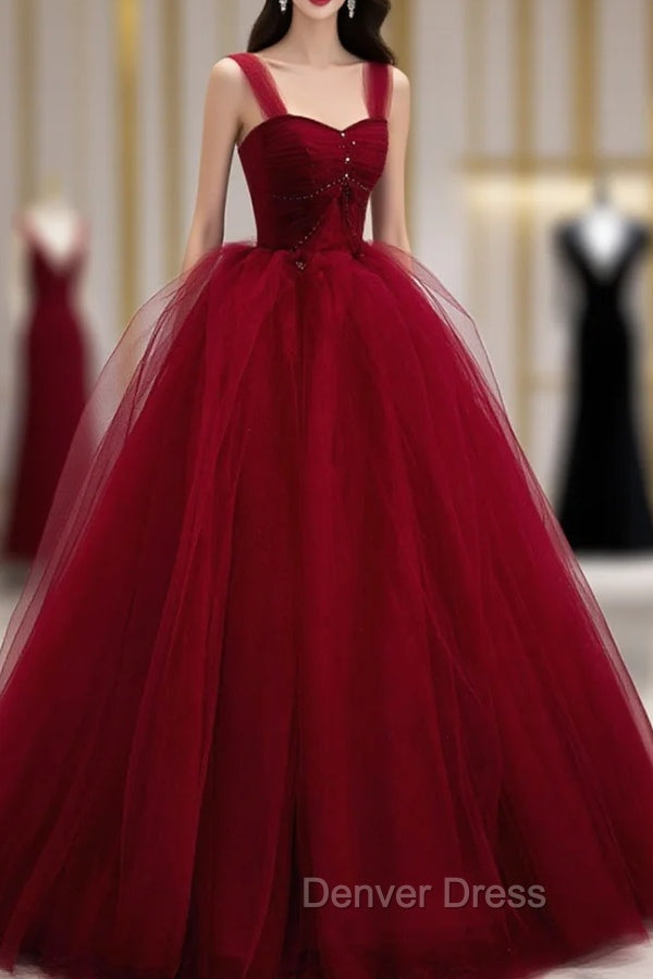 Burgundy Tulle Long A Line Prom Dress, Off the Shoulder Prom Dresses