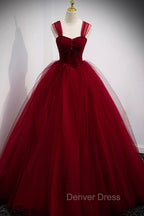 Burgundy Tulle Long A-Line Evening Dresses, Off the Shoulder Formal Party Dresses