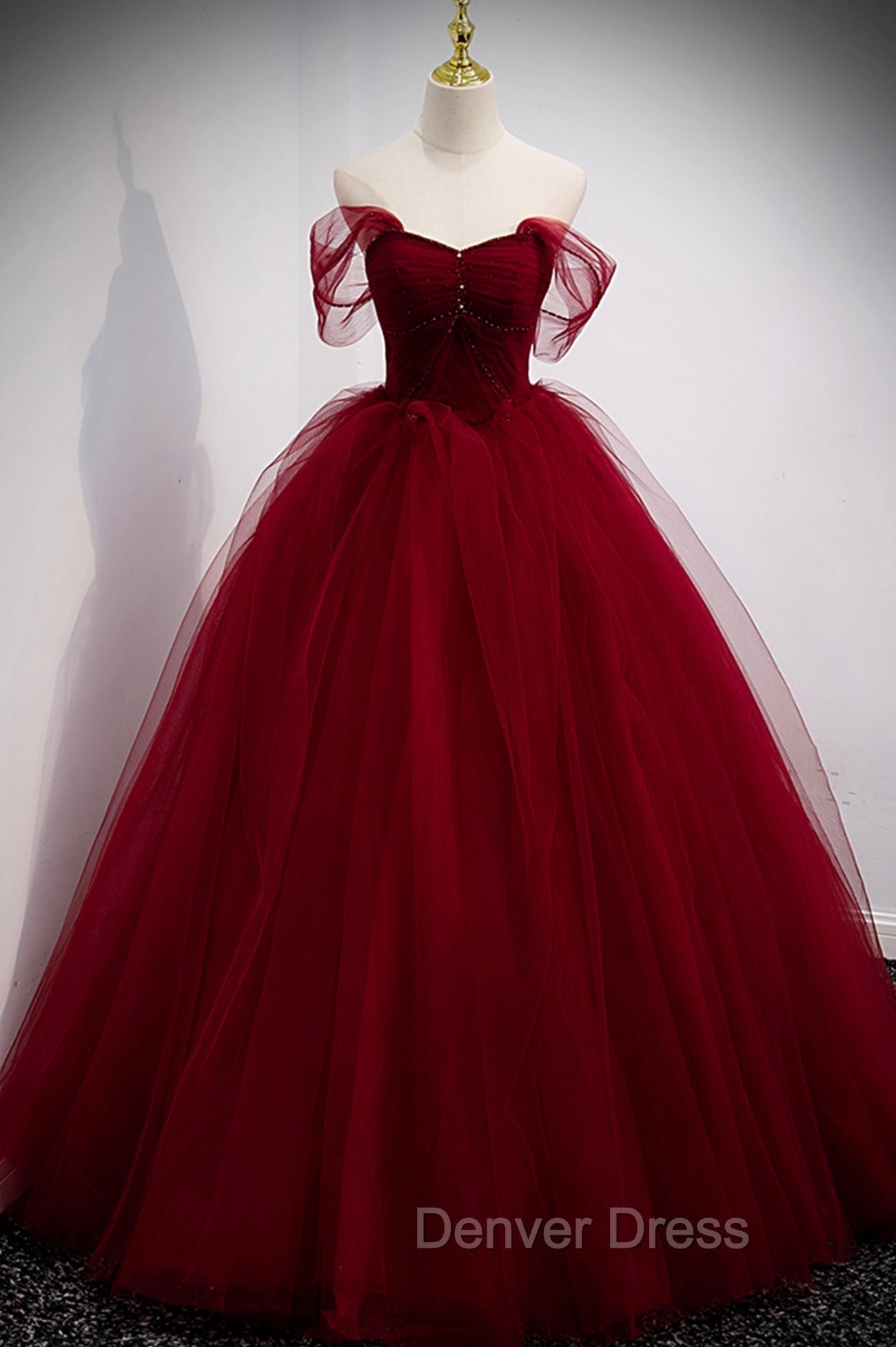Burgundy Tulle Long A Line Prom Dress, Off the Shoulder Prom Dresses Main image