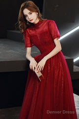 Burgundy Tulle Long A-Line Prom Dress, Burgundy Lace Evening Dress