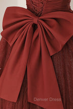 Burgundy Tulle Long A Line Prom Dress, Cute Short Sleeve Prom Dresses