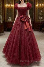 Burgundy Tulle Long A-Line Prom Dresses, Lovely Evening Graduation Dresses