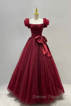 Burgundy Tulle Long A Line Prom Dress, Lovely Prom Graduation Dresses