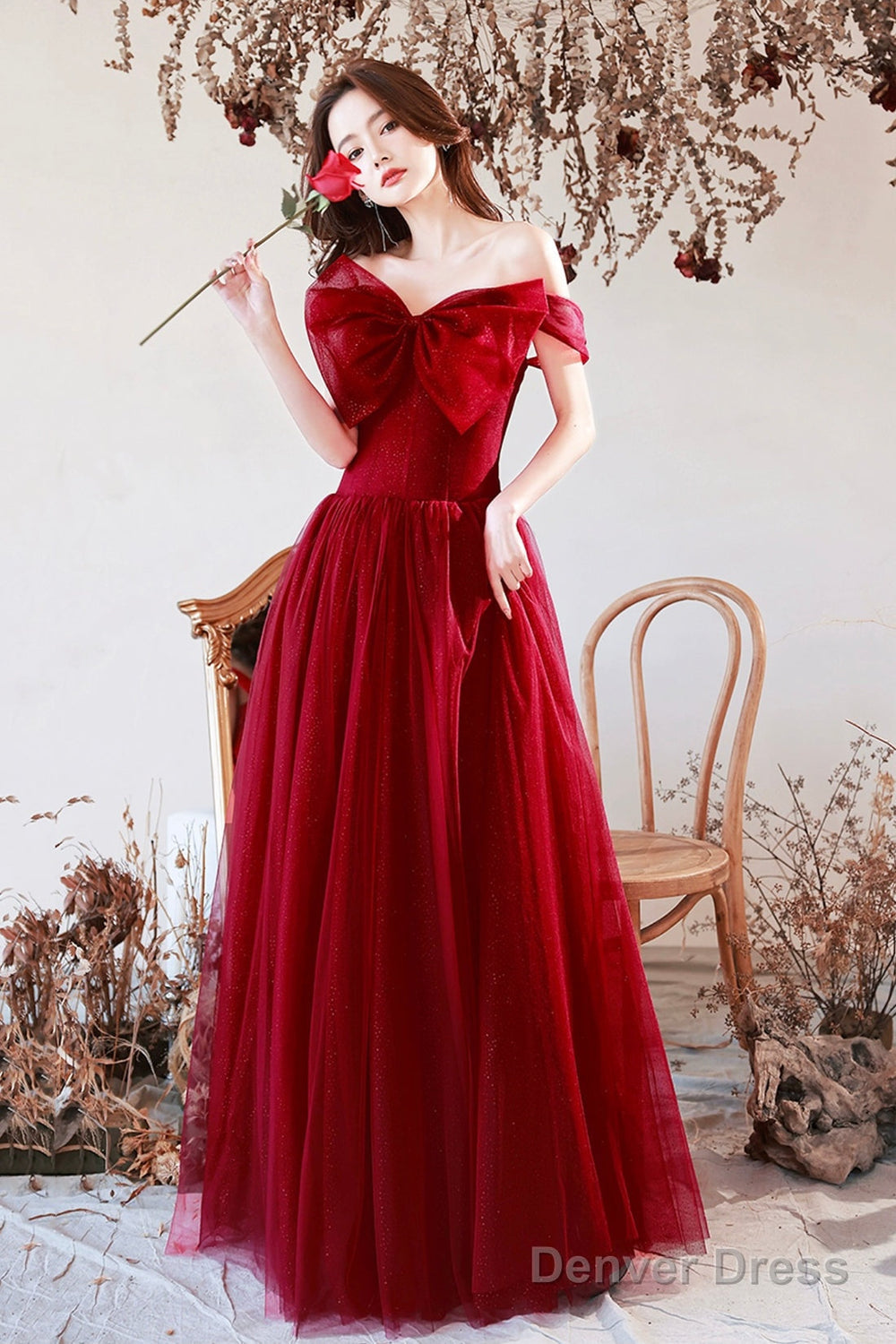 Burgundy Tulle Long A-Line Prom Dress With Bow, Burgundy Evening Gradu