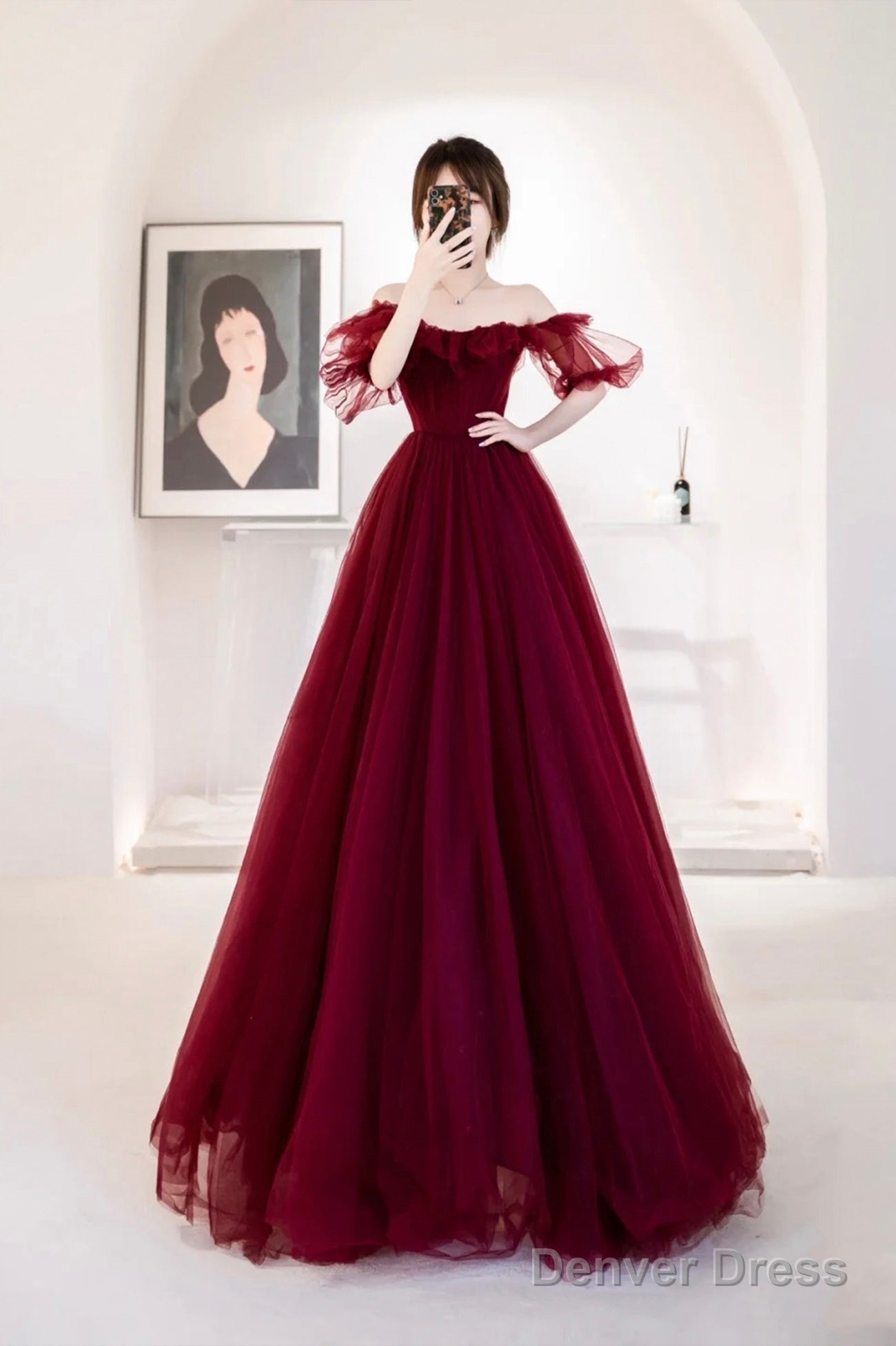Burgundy Tulle Long Prom Dress, Cute A-Line Off The Shoulder Graduation Dresses
