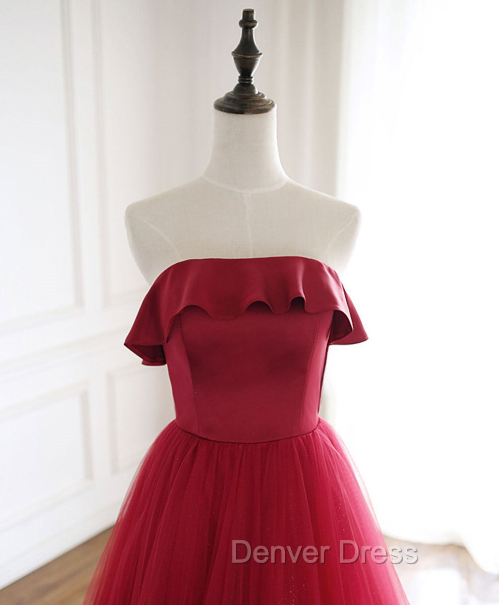 Burgundy Tulle Long Prom Dresses, A line Burgundy Formal Party Dresses