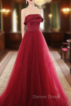 Burgundy Tulle Long Prom Dresses, A line Burgundy Formal Party Dresses